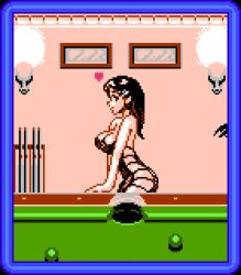 Rule 34 | 1girl, ball, billiard ball, billiards, black dress, black hair, breasts, brown eyes, cleavage, cowboy shot, dress, from side, heart, indoors, large breasts, light, long hair, looking at viewer, looking to the side, medium breasts, no bra, no panties, open mouth, pixel art, pool stick, pool table, retro artstyle, revealing clothes, saiwai hiroshi, sleeveless, sleeveless dress, smile, solo, standing, strapless, strapless dress, table, wall, wall lamp