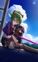 Rule 34 | 1girl, absurdres, arm belt, arm guards, arm on knee, belt, black belt, black mask, black shorts, black thighhighs, blue sky, breasts, closed mouth, cloud, commentary request, crop top, cropped jacket, day, dutch angle, genshin impact, gloves, green hair, hair between eyes, hair ornament, highres, holding, holding mask, holding sword, holding weapon, hood, hood down, jacket, katana, knee up, kuki shinobu, long sleeves, looking at viewer, mask, unworn mask, medium breasts, midriff, mountainous horizon, mouth mask, navel, open clothes, open jacket, partially fingerless gloves, ponytail, purple eyes, purple jacket, purple rope, rope, shadow, shimenawa, shirt, short shorts, shorts, sidelocks, sitting, sky, skym (kumei), sleeveless, sleeveless shirt, sliding doors, smile, solo, sword, thighhighs, weapon, wind chime