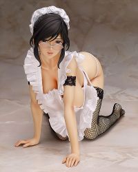 Rule 34 | 1girl, all fours, apron, artist request, black hair, black thighhighs, breasts, character request, cleavage, copyright request, figure, fishnet thighhighs, fishnets, glasses, huge breasts, looking at viewer, maid, photo (medium), simple background, thighhighs