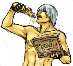 Rule 34 | 1boy, box, capcom, dante (devil may cry), devil may cry, devil may cry (series), devil may cry 3, eating, fingerless gloves, food, gloves, male focus, muscular, nipples, pizza, simple background, solo, tongue, topless male, white hair