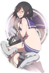 Rule 34 | 1girl, abyssal ship, awachi, barefoot, bikini, black hair, blue bikini, blush, brown eyes, butt crack, commentary, enemy naval mine (kancolle), feet, haguro (kancolle), has bad revision, has downscaled revision, highres, kantai collection, looking at viewer, md5 mismatch, nose blush, open mouth, resolution mismatch, sailor bikini, sailor collar, short hair, side-tie bikini bottom, slime (substance), soles, solo, source smaller, swimsuit, teeth, tentacles, wavy mouth