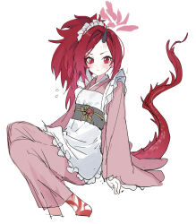Rule 34 | 1girl, apron, black horns, blue archive, blush, closed mouth, dragon tail, feet out of frame, frilled apron, frills, halo, highres, horns, japanese clothes, kimono, long hair, looking at viewer, pink kimono, ponytail, red eyes, red hair, red halo, red tail, renge (blue archive), simple background, single horn, sketch, solo, tail, white apron, white background, yanyo (ogino atsuki)