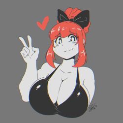 Rule 34 | 1girl, black bow, blunt bangs, blush, borrowed character, bow, breasts, cleavage, closed mouth, collarbone, hair bow, halterneck, heart, highres, huge breasts, looking at viewer, original, partially colored, red hair, ryou sakai, short hair, sidelocks, smile, solo, upper body, v