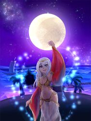 Rule 34 | 1girl, arm up, armpits, bikini, blue eyes, blue gemstone, boat, breasts, cleavage, commentary request, detached sleeves, feet out of frame, full moon, galaxy, gem, gypsy (ragnarok online), horizon, jewelry, long hair, looking at viewer, lug s, medium breasts, moon, navel, necklace, night, ocean, open mouth, palm tree, pants, purple sky, ragnarok online, red sleeves, sky, smile, solo, star (sky), starry sky, strapless, strapless bikini, swimsuit, tree, water, watercraft, white hair, white pants, yellow bikini