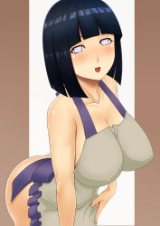 Rule 34 | 1girl, apron, black hair, blush, bob cut, breasts, female focus, highres, hyuuga hinata, large breasts, looking at viewer, mature female, naked apron, naruto, naruto (series), open mouth, short hair, simple background, smile, solo, tomatto (@ma!), white eyes