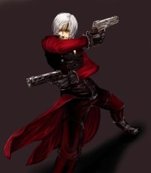 Rule 34 | 1boy, blue eyes, capcom, dante (devil may cry), dark, devil may cry, devil may cry (series), devil may cry 2, dual wielding, ebony (devil may cry), gloves, grey background, gun, handgun, holding, ivory (devil may cry), m1911, male focus, pistol, short hair, solo, weapon, white hair
