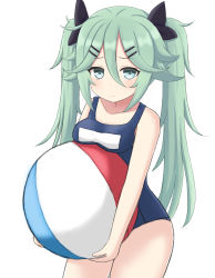 Rule 34 | 1girl, alternate costume, alternate hairstyle, ball, beachball, black ribbon, blue one-piece swimsuit, blush, breast rest, breasts, collarbone, covered navel, cowboy shot, green hair, hair between eyes, hair flaps, hair ornament, hair ribbon, hairclip, hank (spider921), highres, kantai collection, light smile, long hair, one-piece swimsuit, ribbon, school swimsuit, simple background, small breasts, solo, swimsuit, twintails, white background, yamakaze (kancolle)