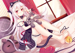 Rule 34 | 1girl, animal ears, barefoot, bed, bell, black dress, breasts, cat ears, cat tail, cleavage, collar, curtains, dress, fake animal ears, feet, finger to eye, hairband, hugging object, jingle bell, knees up, legs, lolita hairband, long hair, niliu chahui, original, panties, pantyshot, red eyes, short dress, sitting, small breasts, soles, solo, strap slip, striped clothes, striped panties, stuffed toy, tail, tears, thighs, toes, tokisaki mio (niliu chahui), two side up, underwear, very long hair, window, wiping tears