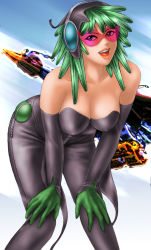 Rule 34 | 1girl, bare shoulders, bird, black detached sleeves, breasts, character request, cleavage, collarbone, copyright request, covered erect nipples, detached sleeves, female focus, gloves, green gloves, green hair, headgear, highres, large breasts, leaning, leaning forward, lips, lipstick, looking at viewer, makeup, mecha, medium breasts, neck, open mouth, orange lips, outdoors, robot, round teeth, short hair, sky, smile, strapless, teeth, tongue, toten (der fuhrer), visor