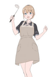 Rule 34 | 1girl, apron, black shirt, blue eyes, blush, breasts, brown apron, highres, holding, holding ladle, intrepid (kancolle), kantai collection, ladle, light brown hair, open mouth, ponytail, porupurucha, shirt, short sleeves, simple background, solo, white background
