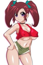 Rule 34 | 1girl, absurdres, bakusou kyoudai let&#039;s &amp; go!!, bakusou kyoudai let&#039;s &amp; go!! max, breasts, brown hair, cleavage, closed mouth, covered erect nipples, green shorts, hand on own hip, highres, jewelry, large breasts, looking at viewer, midriff, navel, oogami marina, pendant, purple eyes, short shorts, shorts, smile, solo, standing, tank top, twintails, underboob