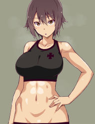 Rule 34 | 10s, 1girl, abs, brown eyes, brown hair, cross, emblem, girls und panzer, hair between eyes, hand on own hip, highres, iron cross, looking at viewer, nakamura yukitoshi, navel, nishizumi maho, parted lips, short hair, solo, sports bra, standing, steam, upper body