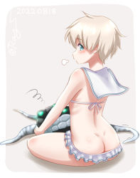 Rule 34 | 1girl, abyssal ship, ass, bikini, bikini skirt, blonde hair, butt crack, commentary request, dated, dimples of venus, enemy naval mine (kancolle), from behind, green eyes, kantai collection, looking at viewer, looking back, official alternate costume, one-hour drawing challenge, ray.s, sailor bikini, sailor collar, short hair, solo, swimsuit, teeth, tentacles, twitter username, white bikini, z1 leberecht maass (kancolle)
