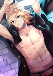 Rule 34 | 1boy, arms up, bad id, bad twitter id, bandaid, bandaid on cheek, bandaid on face, belt, black coat, blonde hair, closed mouth, coat, empty eyes, looking at viewer, male focus, pectorals, rei no.2, sano manjirou, solo, tokyo revengers