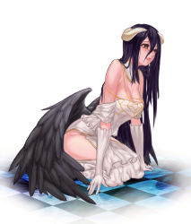 Rule 34 | 1girl, ahoge, albedo (overlord), bad id, bad pixiv id, bare shoulders, black hair, black wings, breasts, checkered floor, cleavage, demon girl, demon horns, detached collar, dress, female focus, gloves, highres, hip vent, horns, large breasts, long hair, looking away, overlord (maruyama), parted lips, seiza, shou xun bu liang, sitting, solo, very long hair, white gloves, wings, yellow eyes