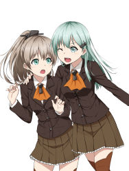 Rule 34 | 10s, 2girls, ascot, brown hair, brown legwear, brown skirt, cowboy shot, frilled skirt, frills, green eyes, green hair, hair ornament, hairclip, hand on another&#039;s shoulder, high ponytail, highres, kantai collection, kumano (kancolle), looking at another, mino (shoya00), multiple girls, one eye closed, open mouth, pleated skirt, school uniform, skirt, striped clothes, striped legwear, striped thighhighs, suzuya (kancolle), thighhighs, white background