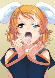 Rule 34 | 00s, 1girl, blonde hair, blue eyes, bukkake, cum, cum bubble, cum in mouth, detached sleeves, facial, hair ornament, hair ribbon, hairclip, kagamine rin, kouno (masao), long sleeves, looking at viewer, open mouth, ribbon, sailor collar, solo, tongue, upper body, vocaloid, wide sleeves