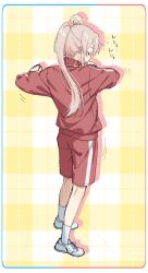Rule 34 | 1girl, absurdres, ahoge, commentary, facing away, full body, grey hair, highres, jacket, long hair, long sleeves, matsuharu (lip-mil), motion lines, onii-chan wa oshimai!, oyama mahiro, plaid, plaid background, ponytail, red shorts, shoes, shorts, simple background, socks, solo, standing, stretching, track jacket, white footwear, white socks, yellow background