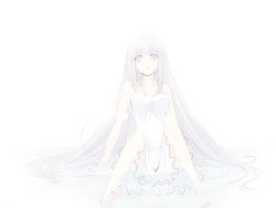 Rule 34 | 1girl, bare legs, bare shoulders, breasts, cleavage, dress, full body, greyscale, long hair, looking at viewer, monochrome, original, satomi (black scarecrow), solo, very long hair, white dress, white eyes, white hair, white theme