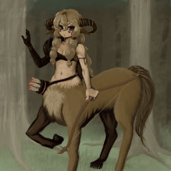 Rule 34 | 1girl, armor, arrow (projectile), bow (weapon), brown eyes, brown hair, centaur, facial mark, forest, hooves, horns, long hair, midriff, monster girl, nature, navel, original, outdoors, quiver, sarasa353, solo, tail, taur, weapon
