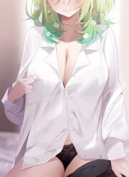 Rule 34 | 1girl, bare shoulders, black bra, black panties, black skirt, bra, bra visible through clothes, breasts, ceres fauna, cleavage, closed mouth, collared shirt, commentary, cropped head, deyui, earrings, english commentary, flower, green hair, hair flower, hair ornament, highres, hololive, hololive english, indoors, jewelry, lace, lace bra, large breasts, long sleeves, navel, paid reward available, panties, shirt, shirt grab, short hair, skindentation, skirt, solo, strap slip, underwear, unworn skirt, virtual youtuber, white flower, white shirt