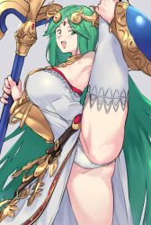 Rule 34 | 1girl, bare shoulders, blush, breasts, clothes lift, dress, dress lift, green eyes, green hair, grey background, highres, huge breasts, jewelry, kid icarus, large breasts, leg up, legs, long hair, looking at viewer, negresco, nintendo, open mouth, palutena, panties, pantyshot, sandals, shield, simple background, single thighhigh, smile, solo, spread legs, staff, super smash bros., thighhighs, tiara, underwear, very long hair, wings