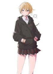 Rule 34 | 1girl, absurdres, black hoodie, black skirt, blonde hair, closed mouth, collared shirt, drawstring, eitopondo, feet out of frame, green wristband, hair between eyes, hands in pockets, highres, hood, hood down, hoodie, idolmaster, idolmaster shiny colors, miniskirt, pink eyes, plaid, plaid skirt, pleated skirt, red wristband, saijo juri, shirt, short hair, simple background, skirt, smile, solo, split mouth, white background, white shirt, wristband
