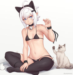 Rule 34 | 1girl, ahoge, animal ears, bell, bikini, black bikini, black thighhighs, blue eyes, breasts, cat, cat ears, cat girl, cat tail, choker, claw pose, cleavage, fake animal ears, fangs, fangs out, full body, gradient background, hair ornament, hairband, hairclip, highres, indian style, jingle bell, looking at viewer, navel, neck bell, original, pointy ears, short hair, simple background, sitting, small breasts, smile, solo, string bikini, swimsuit, tail, thighhighs, unsomnus, white background, white hair, wristband