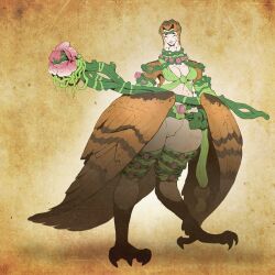 Rule 34 | 1girl, bird legs, bird tail, breasts, brown feathers, brown hair, brown wings, circlet, cleavage, closed eyes, commentary, digitigrade, douglas harvey, feathered wings, feathers, flower, freckles, hair intakes, harpy, highres, holding, holding staff, long neck, medium breasts, monster girl, multicolored hair, original, pink flower, plant, smile, solo, staff, tail, vine belt, vines, white hair, winged arms, wings
