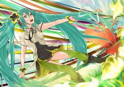Rule 34 | 1girl, aqua eyes, aqua hair, boots, cafekun, copyright name, dress, flower, hair flower, hair ornament, hatsune miku, headphones, long hair, open mouth, pansy, project diva (series), project diva f, solo, star (symbol), thighhighs, twintails, very long hair, vocaloid, weekender girl (vocaloid), yellow flower, yellow pansy