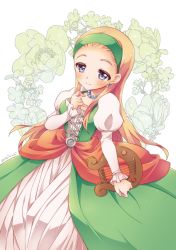 Rule 34 | 1girl, blonde hair, blue eyes, blush, breasts, closed mouth, dragon quest, dragon quest xi, dress, earrings, flower, green hairband, hair slicked back, hairband, hand up, holding, holding instrument, instrument, jewelry, juliet sleeves, kichijou agata, long hair, long sleeves, lyre, medium breasts, necklace, puffy sleeves, senya (dq11), smile, solo, straight hair, twitter username, white background