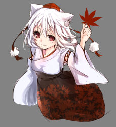 Rule 34 | 1girl, animal ears, bad id, bad pixiv id, blush, grey background, hat, highres, inubashiri momiji, japanese clothes, leaf, long sleeves, looking at viewer, maple leaf, pom pom (clothes), red eyes, shirt, short hair, simple background, skirt, smile, solo, string, tail, tohochang, tokin hat, touhou, white hair, wide sleeves, wolf ears, wolf tail