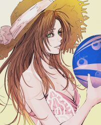 Rule 34 | 1girl, aerith gainsborough, aerith gainsborough (sunny robe), artist name, ball, bare shoulders, beachball, bikini, blitzball, breasts, brown hair, cleavage, final fantasy, final fantasy vii, final fantasy vii ever crisis, final fantasy vii remake, green eyes, hat, hat ribbon, highres, holding, holding ball, holding beachball, long hair, looking at viewer, medium breasts, official alternate costume, parted bangs, parted lips, pink bikini, ribbon, sidelocks, smile, solo, straw hat, sun hat, swimsuit, ukanicoponpon, upper body