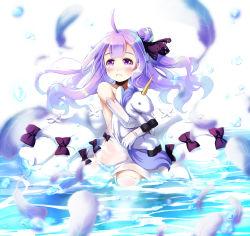Rule 34 | 1girl, ahoge, azur lane, bare shoulders, blurry, blush, collarbone, commentary request, depth of field, hugging doll, dress, elbow gloves, feathers, gloves, hair bun, hair ribbon, long hair, looking away, looking up, nitchi, hugging object, ocean, one side up, partially submerged, purple eyes, purple hair, ribbon, see-through, side bun, single hair bun, single side bun, solo, stuffed winged unicorn, thighhighs, unicorn (azur lane), water drop, wet, white background, white dress, white gloves, white thighhighs, wind, zettai ryouiki