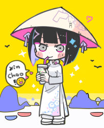 Rule 34 | 1girl, bird, black bird, black hair, blush stickers, boots, check copyright, china dress, chinese clothes, closed mouth, collared dress, colored inner hair, commentary request, copyright request, cup, disposable cup, dress, drink, drinking, drinking straw, floral print, full body, grey eyes, hat, hat ribbon, heart, holding, holding drink, layered dress, long sleeves, looking at viewer, multicolored hair, original, pinyin text, purple hair, purple ribbon, ribbon, short hair, side slit, simple bird, smile, smiley face, snow, solo, speech bubble, straw hat, terada tera, white dress, white footwear, white sleeves, yellow background, yellow hat