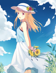 Rule 34 | 1girl, :d, arms behind back, bare arms, blonde hair, blue dress, blue sky, blurry, bouquet, commentary, day, depth of field, dress, flower, grass, hair blowing, hair ornament, hairclip, hat, hat flower, hat ribbon, highres, holding, holding bouquet, layered dress, looking at viewer, mio kure, open mouth, orange hair, original, outdoors, red eyes, ribbon, sky, smile, solo, standing, sun hat, sundress, sunflower, twintails, white dress