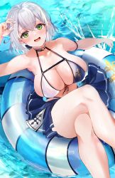 Rule 34 | 1girl, arm strap, aya02ka, bare shoulders, bikini, bikini under clothes, blue skirt, breasts, cleavage, crossed legs, feet out of frame, front-tie top, green eyes, highres, hololive, innertube, large breasts, leaning back, looking at viewer, mole, mole on breast, open mouth, pleated skirt, shirogane noel, shirogane noel (summer 2020), short hair, sitting, skirt, smile, solo, swim ring, swimsuit, thighs, virtual youtuber, water, wet, white hair