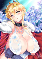 Rule 34 | 1girl, ahoge, artoria pendragon (fate), artoria pendragon (lancer) (fate), artoria pendragon (lancer alter) (fate), artoria pendragon (lancer alter) (fate) (cosplay), artoria pendragon (lancer alter) (royal icing) (fate), artoria pendragon (lancer alter) (royal icing) (fate) (cosplay), bare shoulders, blue gloves, blurry, blush, braid, breasts, cape, cleavage, commentary request, cosplay, covered erect nipples, crown, depth of field, elbow gloves, fate/grand order, fate (series), floral background, floral print, flower, french braid, fur-trimmed cape, fur trim, gloves, green eyes, hair between eyes, highres, huge breasts, looking at viewer, official alternate costume, open mouth, puffy nipples, red cape, revealing clothes, rose, rose background, rose print, see-through, shiny skin, sideboob, sidelocks, solo, swept bangs, upper body, wavy mouth, white flower, white rose, yasakani an