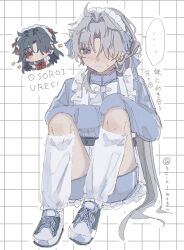 Rule 34 | ..., 2boys, alternate costume, apron, black hair, blade (honkai: star rail), blue jacket, blue ribbon, blue shorts, blush, bow, bowtie, chibi, chibi inset, closed mouth, commentary request, crossdressing, dual persona, frills, full body, grey hair, grid background, hair ribbon, honkai: star rail, honkai (series), jacket, jersey maid, kneehighs, knees up, kunreishiki, long hair, loose socks, maid, maid apron, maid headdress, male focus, male maid, multiple boys, nervous smile, one eye covered, portrait, purple eyes, red bow, red bowtie, red eyes, ribbon, romaji text, scla mogu, shoes, shorts, simple background, sitting, sleeves past elbows, smile, sneakers, socks, spoken ellipsis, sweat, track jacket, translation request, unconventional maid, very long hair, white bow, white bowtie, white socks, yingxing (honkai: star rail)