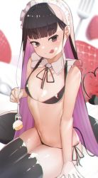 Rule 34 | 1girl, :p, arm support, bikini, black bikini, black eyes, black hair, black ribbon, black thighhighs, closed mouth, colored inner hair, commentary, detached collar, flat chest, food, food on face, fruit, highres, holding, holding food, legs together, long hair, looking at viewer, maid headdress, multicolored hair, navel, neck ribbon, original, purple hair, ribbon, shiny clothes, shiny skin, side-tie bikini bottom, sitting, solo, stomach, strawberry, swimsuit, symbol-only commentary, tail, thick eyebrows, thighhighs, tongue, tongue out, tostos, two-tone hair, very long hair