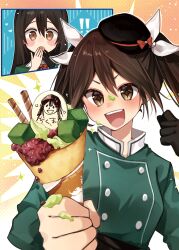 Rule 34 | + +, absurdres, adapted costume, alternate costume, black gloves, brown hair, buttons, clenched hand, double-breasted, food, food on face, gloves, green shirt, hair between eyes, hair ribbon, highres, ice cream, kantai collection, katsuobushi (eba games), long hair, open mouth, ribbon, shirt, single glove, smile, teeth, tone (kancolle), twintails, upper body, upper teeth only, v-shaped eyebrows
