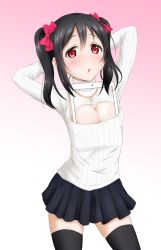 Rule 34 | 10s, 1girl, :o, areola slip, arms behind head, black hair, black thighhighs, blush, bow, breasts, ckst, cleavage, cleavage cutout, clothing cutout, flat chest, gradient background, hair bow, highres, ipad, looking at viewer, love live!, love live! school idol project, meme attire, open-chest sweater, pink background, pun, red eyes, ribbed sweater, short hair, skirt, solo, sweater, tablet pc, thighhighs, turtleneck, twintails, yazawa nico, zettai ryouiki