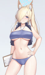 Rule 34 | 1girl, absurdres, animal ear fluff, animal ears, bandeau, bare arms, bare shoulders, bikini, blonde hair, blue archive, blue bikini, blue eyes, breasts, chun bae, clipboard, commentary, cowboy shot, grey background, hair over one eye, halterneck, hand on own hip, highres, kanna (blue archive), large breasts, long hair, looking at viewer, navel, ponytail, simple background, solo, standing, stomach, swimsuit, thighs, vest