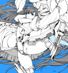 Rule 34 | 1girl, armor, ass, blue background, blue eyes, blue theme, crotch plate, fate/extra, fate/extra ccc, fate (series), greaves, hair ribbon, long hair, looking at viewer, meltryllis (fate), meltryllis (third ascension) (fate), puffy sleeves, ribbon, simple background, sleeves past wrists, solo, takatsuki ichi, very long hair
