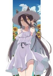 Rule 34 | 1girl, animal ears, bare shoulders, black hair, blue sky, brown eyes, cloud, collarbone, commentary request, day, dress, ears through headwear, flower, hair between eyes, hand up, hat, highres, horse ears, horse girl, horse tail, long hair, manhattan cafe (umamusume), mochiki, off-shoulder dress, off shoulder, parted lips, pleated dress, sky, solo, standing, straw hat, sunflower, tail, umamusume, very long hair, white dress, white hat, yellow flower