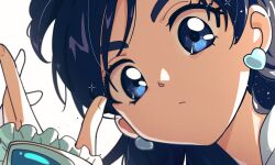 Rule 34 | 1girl, absurdres, blue eyes, blue hair, close-up, cure white, earrings, fingerless gloves, futari wa precure, gloves, hand up, heart, heart earrings, highres, jewelry, long hair, looking at viewer, nzeneee, precure, simple background, solo, sparkle, white background, white gloves, yukishiro honoka