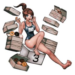 Rule 34 | 1girl, asahina aoi, bare shoulders, barefoot, black one-piece swimsuit, blue eyes, breasts, brown hair, character name, cleavage, danganronpa: trigger happy havoc, danganronpa (series), dark-skinned female, dark skin, doughnut, eating, feet, floating hair, food, full body, komatsuzaki rui, long hair, looking at viewer, medium breasts, non-web source, official art, one-piece swimsuit, open mouth, ponytail, school swimsuit, sideboob, simple background, sitting, soles, solo, swimsuit, toes, tongue, tongue out, white background