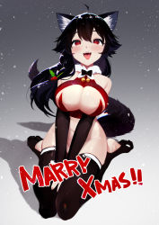 Rule 34 | 1girl, animal ear fluff, animal ears, bare shoulders, black bow, black bowtie, black hair, bow, bowtie, breasts, christmas, cleavage, ejami, ekko (ejami), fangs, fox ears, fox girl, fox tail, fur collar, groin, hair ornament, highres, long hair, merry christmas, mistletoe, no panties, no shoes, open mouth, original, red eyes, saliva, seiza, sitting, skindentation, smile, tail, thighhighs, tongue, tongue out