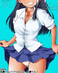 Rule 34 | 1girl, black hair, blue background, blue skirt, clothes lift, collarbone, collared shirt, cowboy shot, dr rex, dress shirt, gluteal fold, grin, head out of frame, ijiranaide nagatoro-san, lifting own clothes, long hair, nagatoro hayase, panties, pleated skirt, shirt, short sleeves, simple background, skirt, skirt lift, smile, solo, translation request, underwear, white panties, white shirt