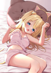 Rule 34 | 1girl, bell, blonde hair, blue eyes, blush, bra, breasts, cat-shaped pillow, collarbone, hair bell, hair ornament, highres, jingle bell, long hair, looking at viewer, lying, medium breasts, midriff, navel, open mouth, original, panties, paw pose, pink bra, pink panties, solo, syurimp, thighs, two side up, underwear, underwear only
